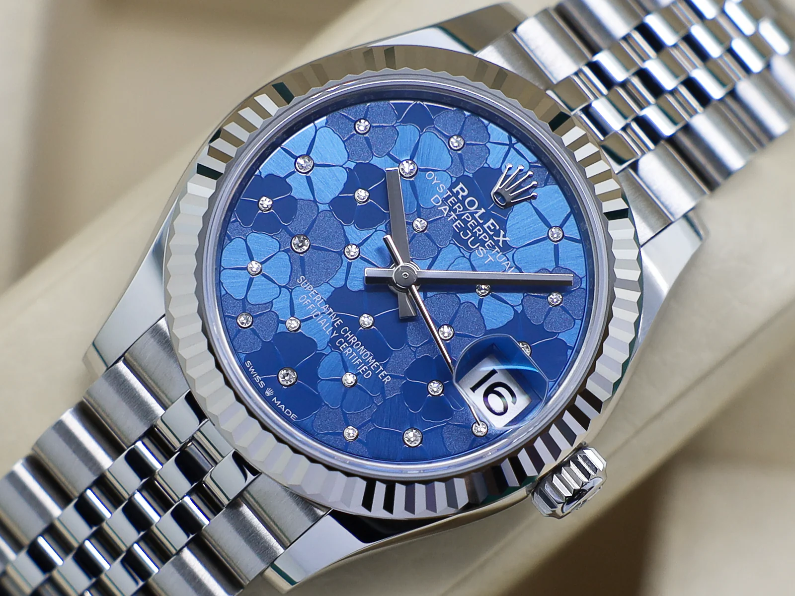 LADIES ROLEX DATEJUST MIDSIZE 31mm 278274 STEEL AZZURRO 'FLORAL' MOTIF DIAMOND DIAL UNWORN 2024 UK B&P - Image 3