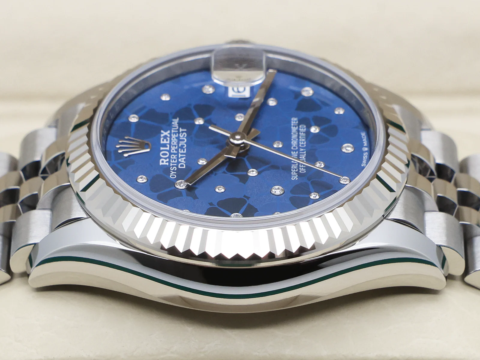 LADIES ROLEX DATEJUST MIDSIZE 31mm 278274 STEEL AZZURRO 'FLORAL' MOTIF DIAMOND DIAL UNWORN 2024 UK B&P - Image 4