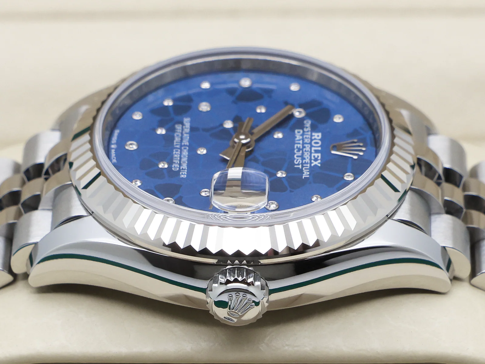 LADIES ROLEX DATEJUST MIDSIZE 31mm 278274 STEEL AZZURRO 'FLORAL' MOTIF DIAMOND DIAL UNWORN 2024 UK B&P - Image 7